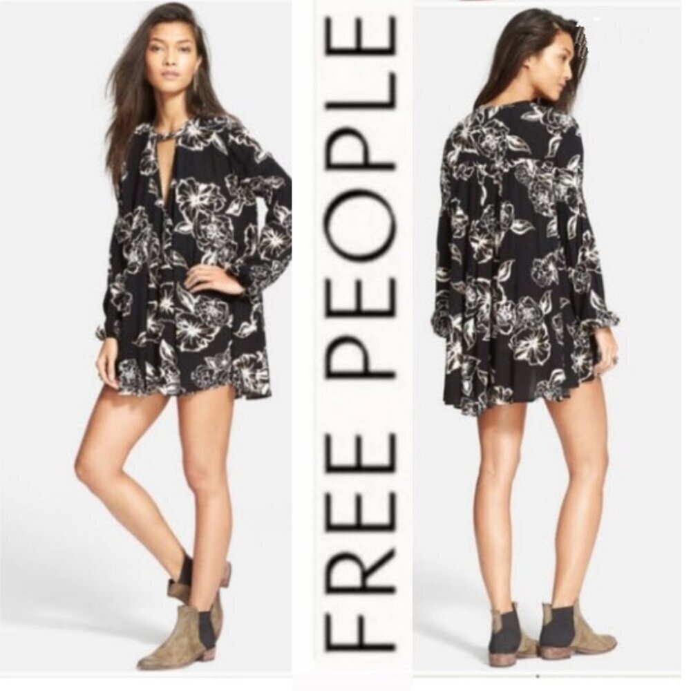 Free People Swing Mini Dress Tunic Tegan Black White Floral Boho Small Oversized